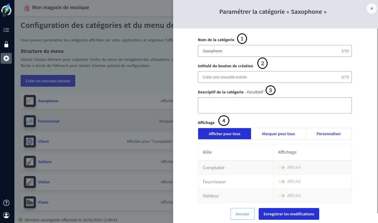 parametrage catégorie