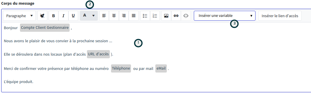 template courriel corps