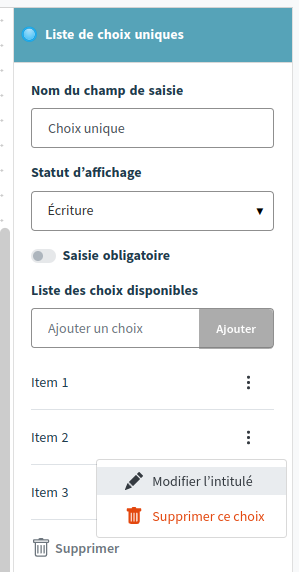 choix unique paramétrage