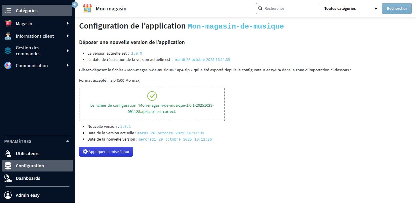 Dépôt nouvelle configuration par l'administrateur
